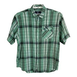 Rocawear Mens Shirt Button Up Size 2XB Green Blue Plaid Short sleeve Pocket Top